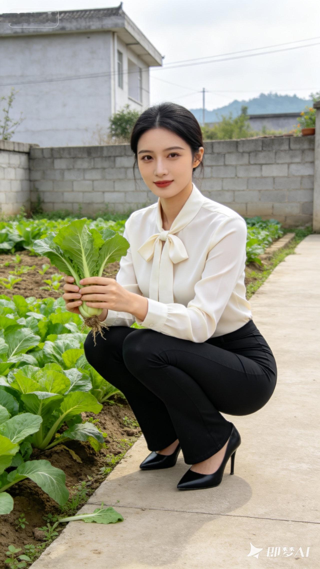 穿着白色衣服，黑色裤子，蹲着拿白菜