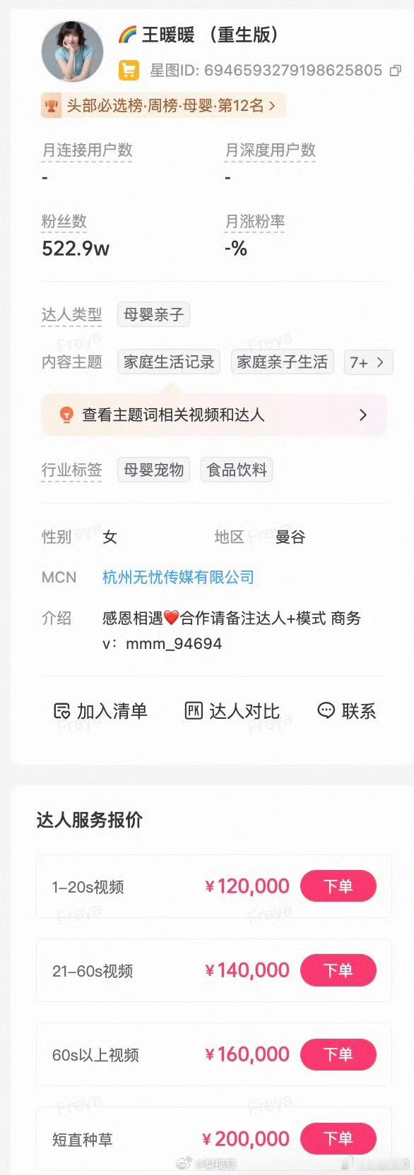 王暖暖60秒广告报价16万王暖暖说不要拿命工作据第三方平台数据显示，王暖暖短视频