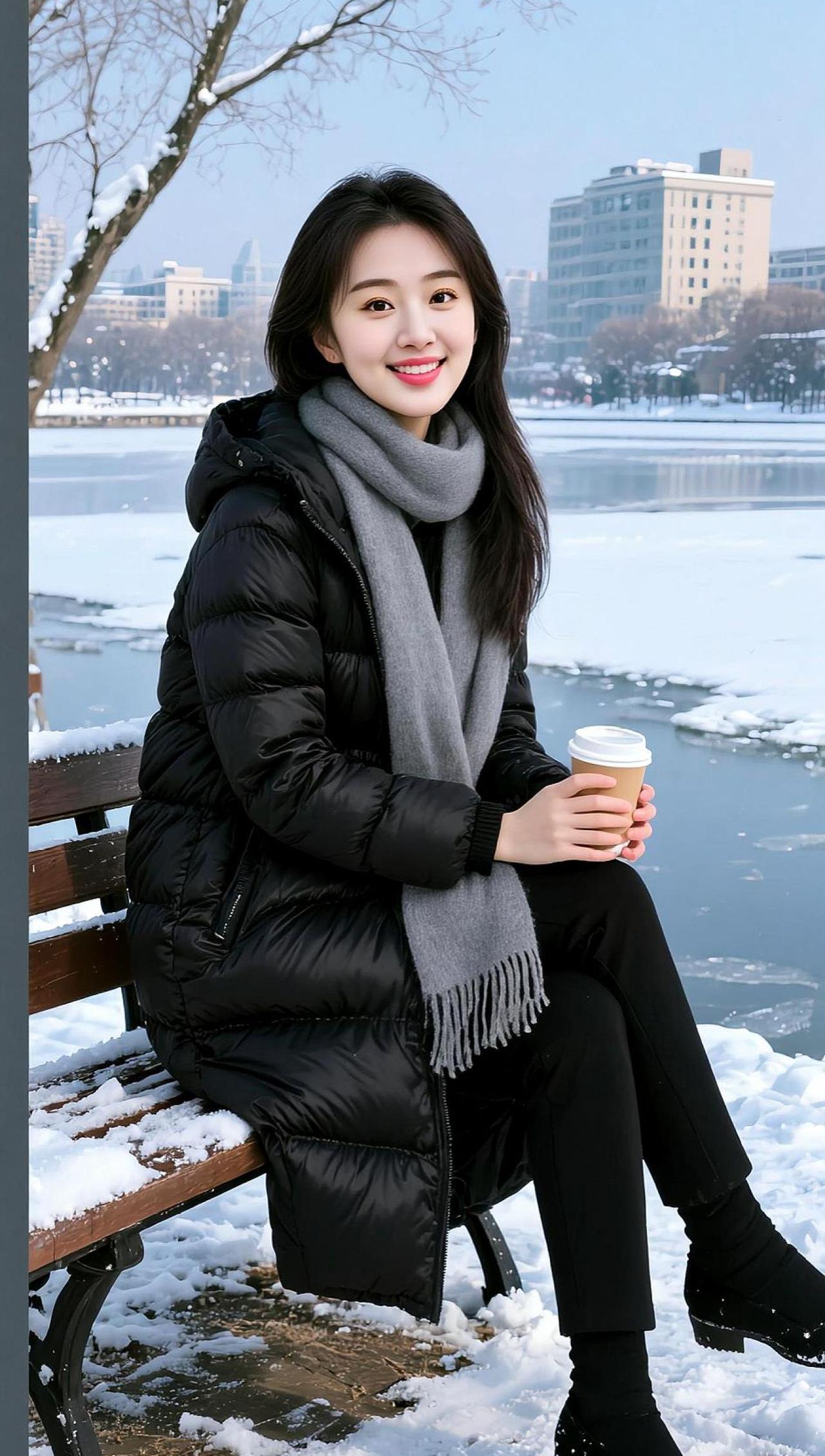 AI冬日湖畔照 抖音ai创作 海滨城市 穿出你的时尚你的感觉