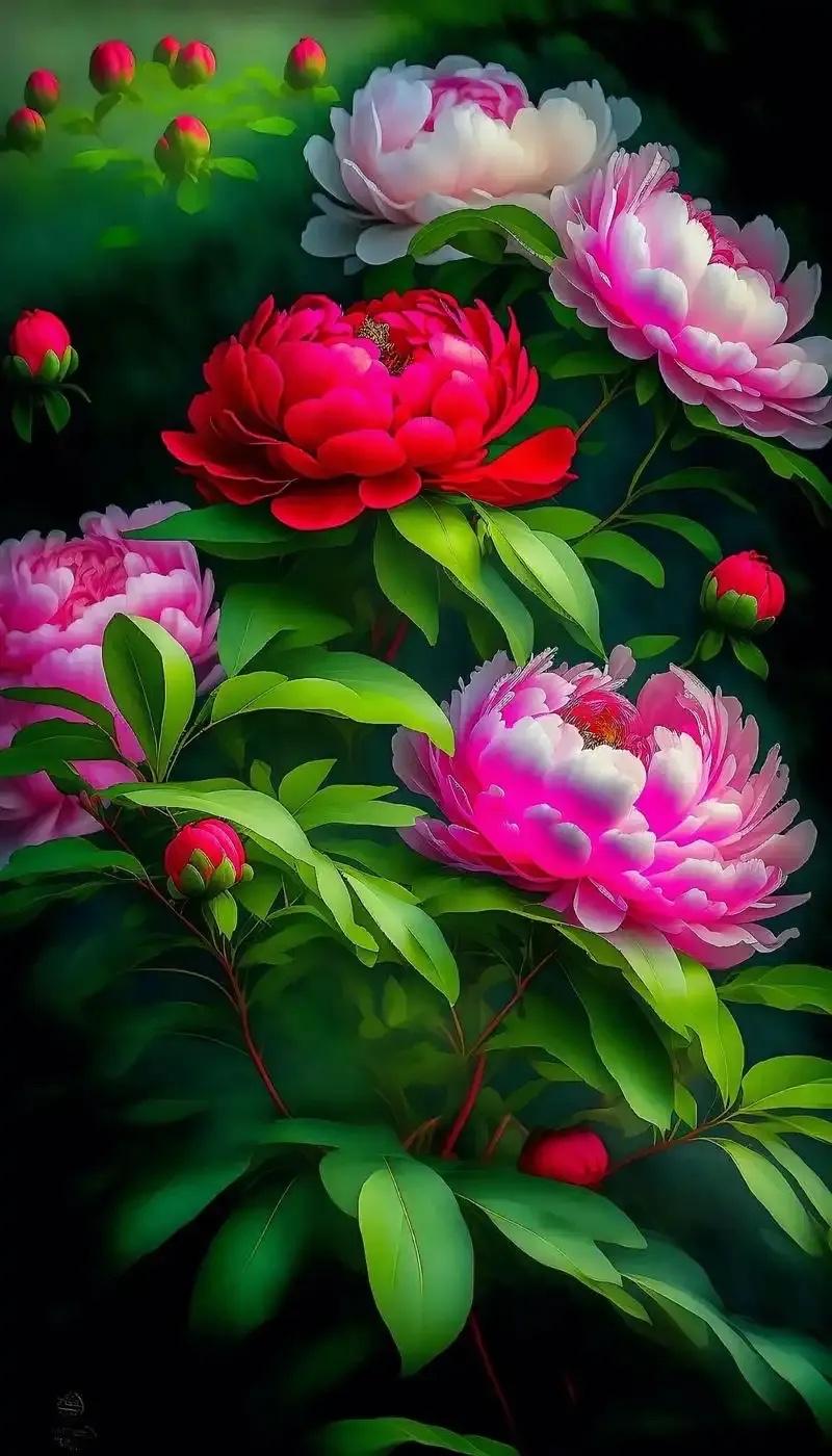 粉红色和大红色的牡丹花聚集在一起了，还有含苞待放的花骨朵，绿绿的花叶，枝头挂起三