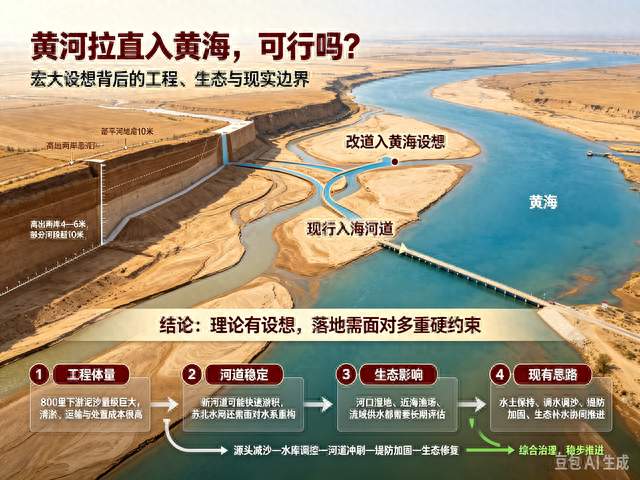 黄河下游拉直入黄海，铲平800里悬河泥沙，这个工程可行吗？