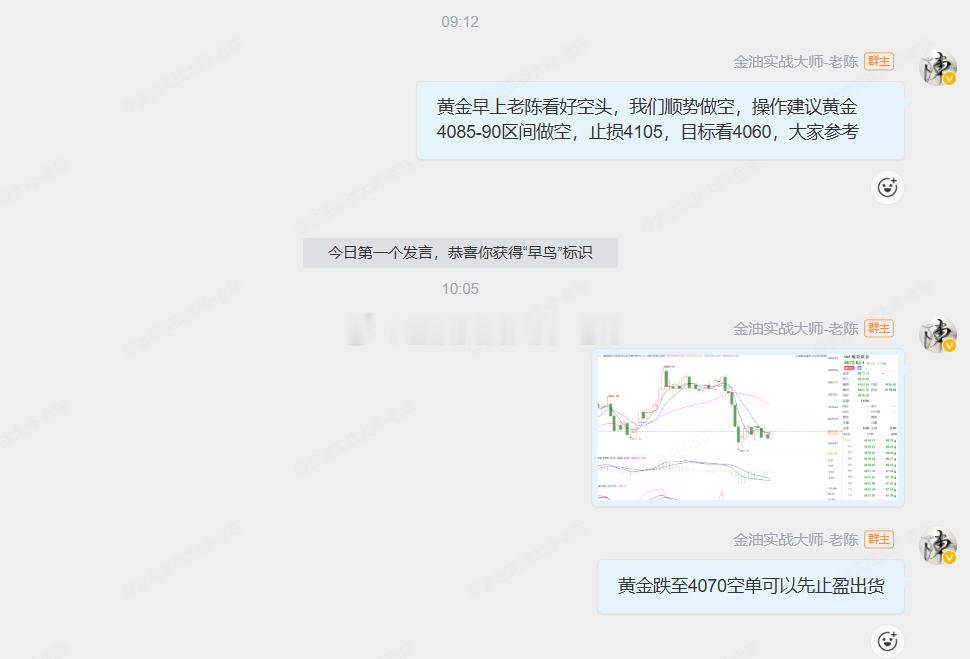 第一波VIP群粉丝们操作，黄金4085做空，金价跌至4070，成功获利150个点