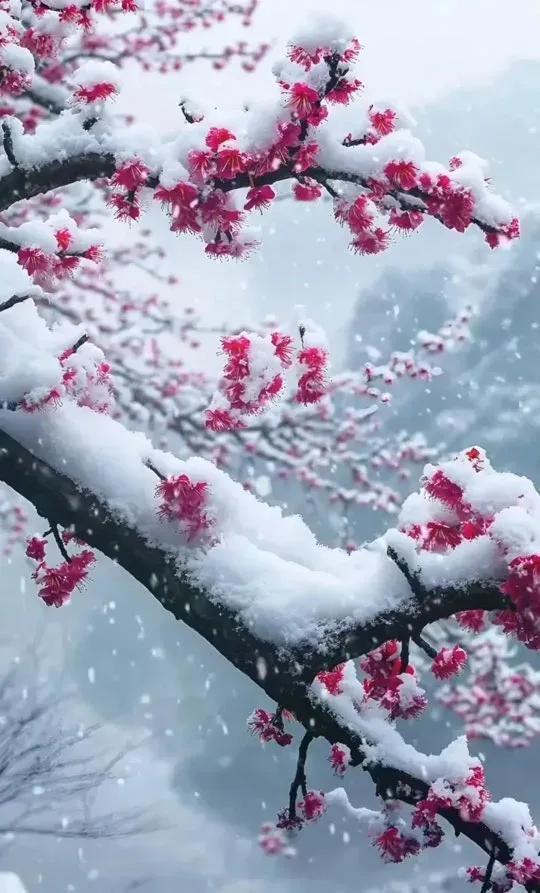 绽放在雪中的红梅，红白相映，既纯洁又美丽，这才是冬天最美的风景！雪景取代秋景 雪