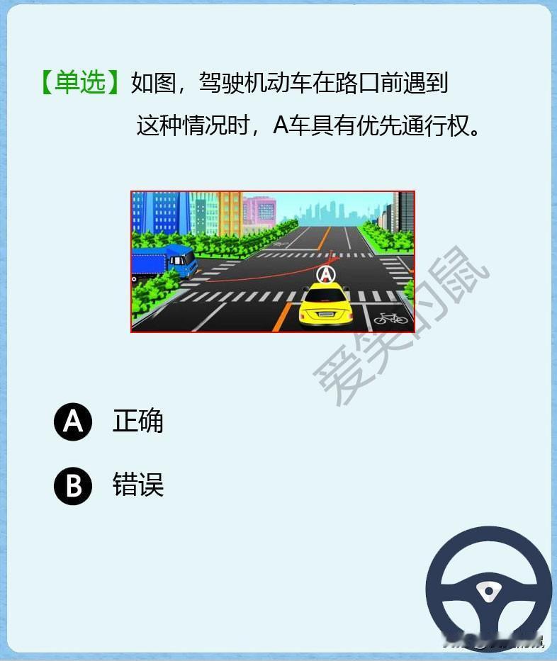 科目一，如图！A车行驶到一个没有红绿灯的路口，A车需直行，小货车左转弯。虽然说A