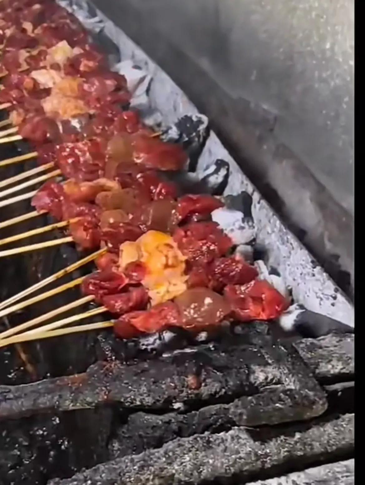 刚出炉的羊肉串。真是可怕至极，黑乎乎的桶里装的什么玩意儿？现在这些人什么都能研制