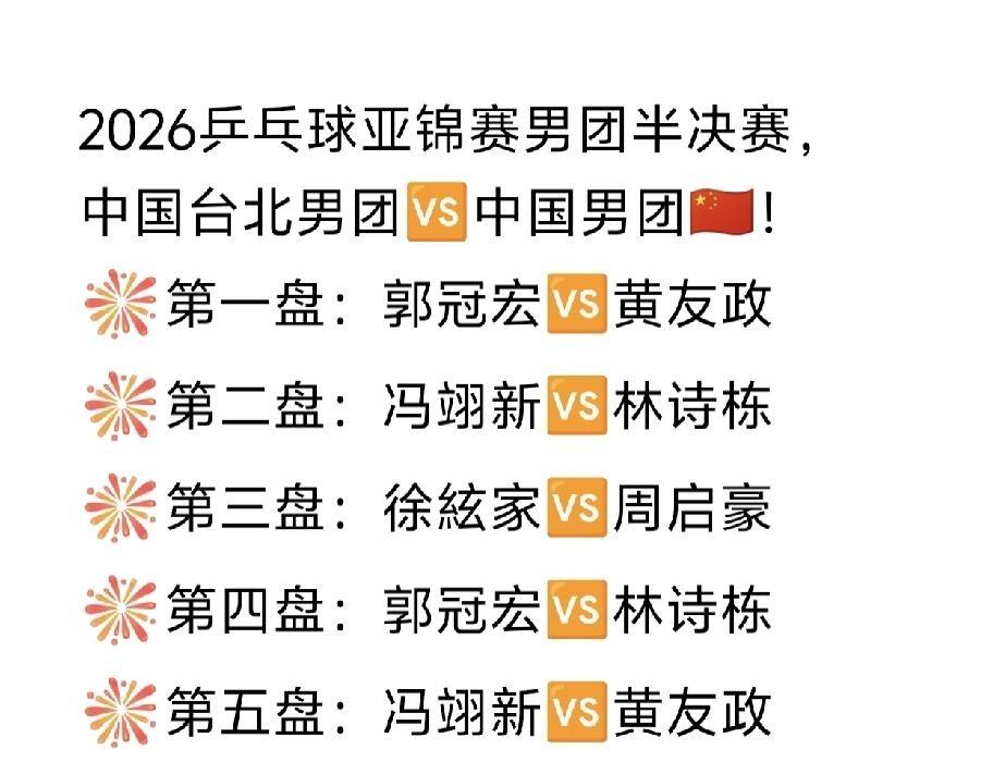 2026乒乓球亚锦赛男团半决赛，国乒碰中国台北，阵容一出就让人捏把汗：林诗栋扛一