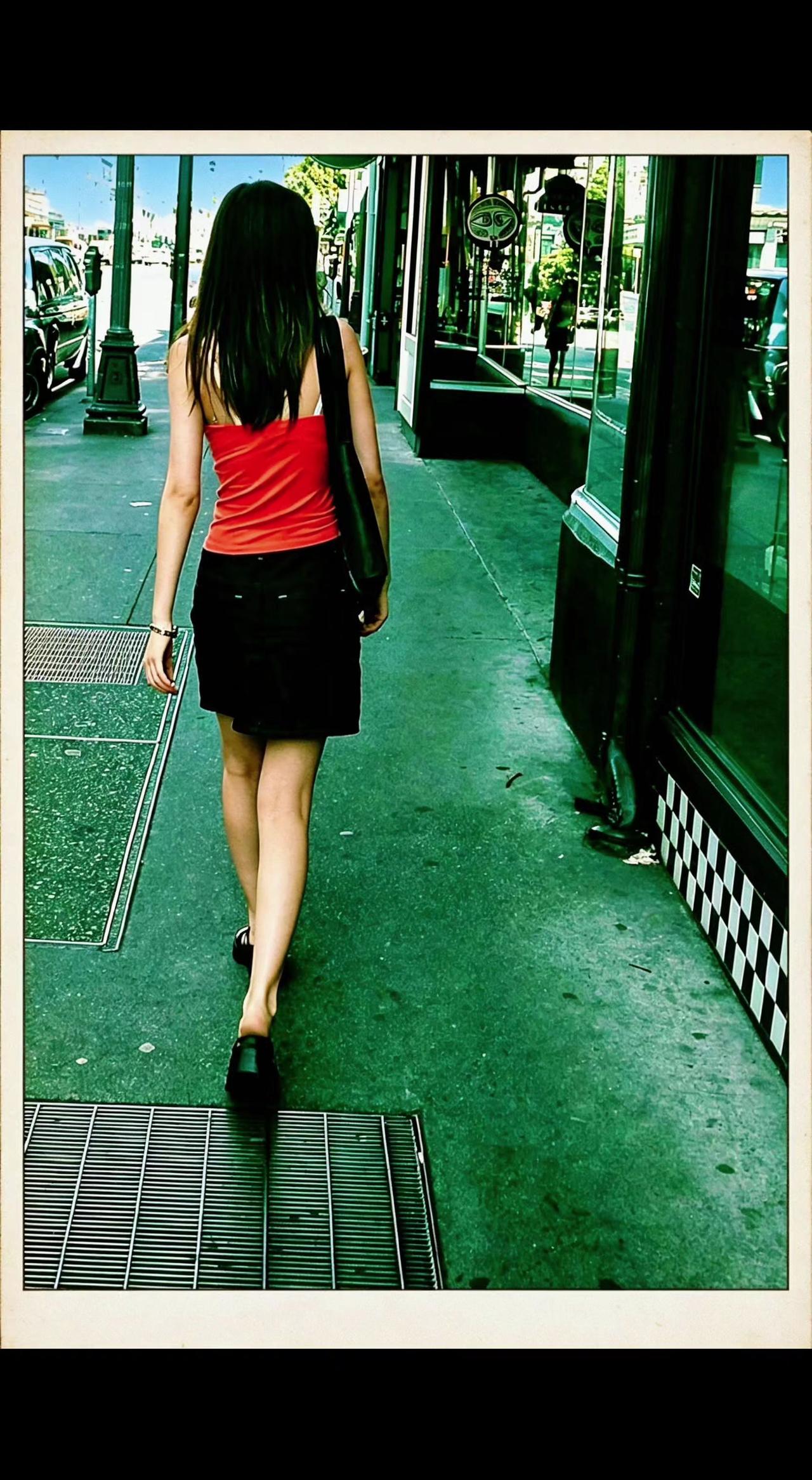 🌆红衣撞碎绿荫，影子是未寄的信📮。步履敲着街面，心事漫过橱窗。孤独是自由的序
