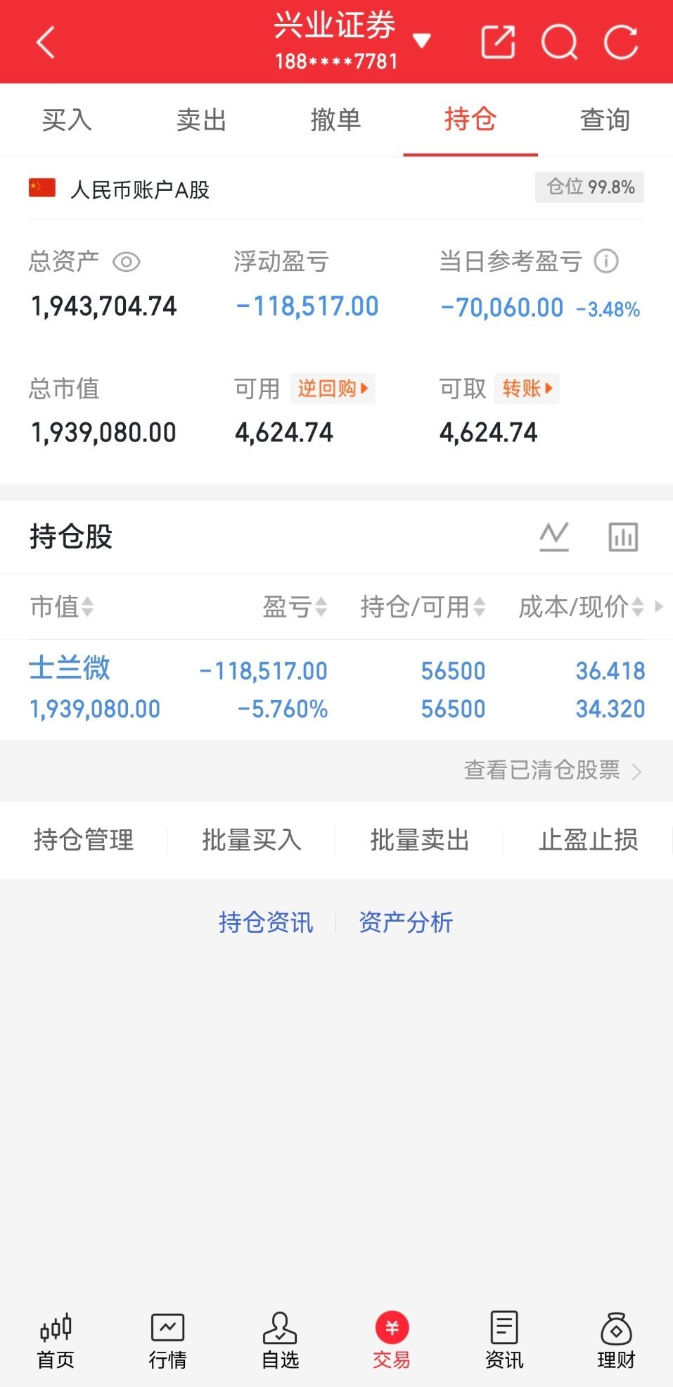 收工啦，目前持仓没有动，士兰微，静待花开！ 