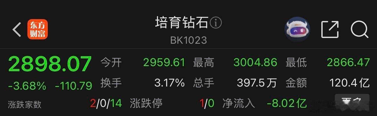 今天盘面有一个特点，就是“培育钻石” 今天是跌幅靠前的，这个板块走势跟大盘一般是