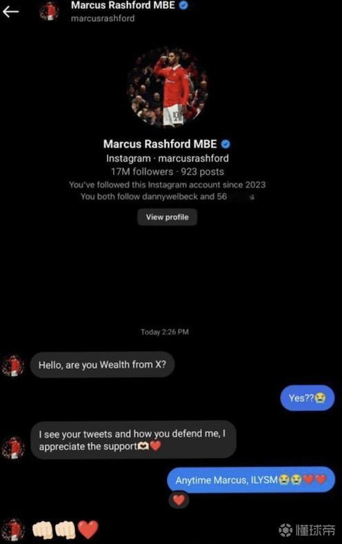 拉什福德私信球迷号：感谢你对我的支持近日，曼联球迷号Wealth晒出了拉什福德私