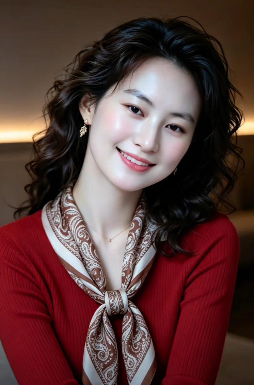 这位女士微笑着，穿着红色衣服，搭配围巾。