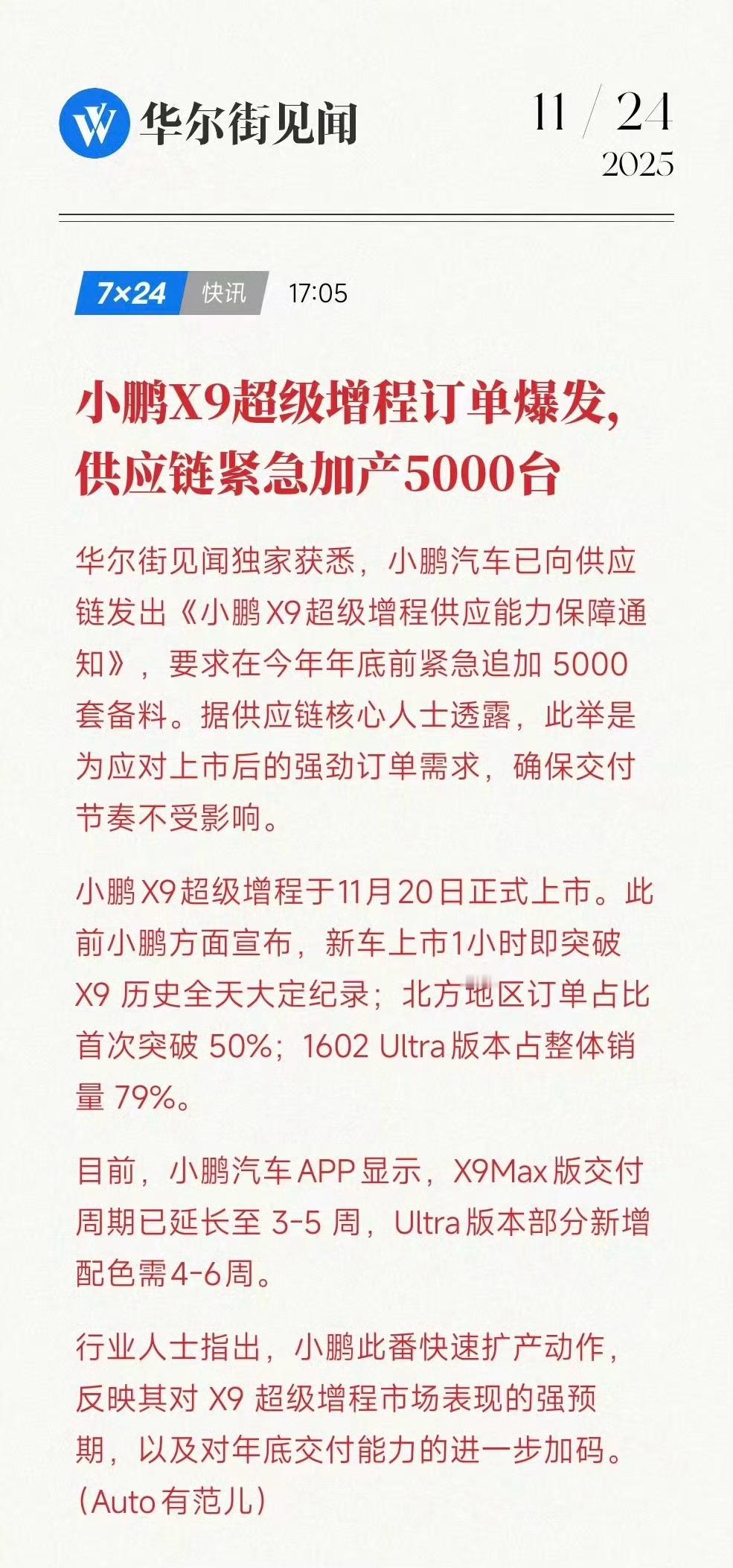 小鹏X9超级增程订单爆发，供应链紧急加产5000台！这款起售价超过30万元的车型