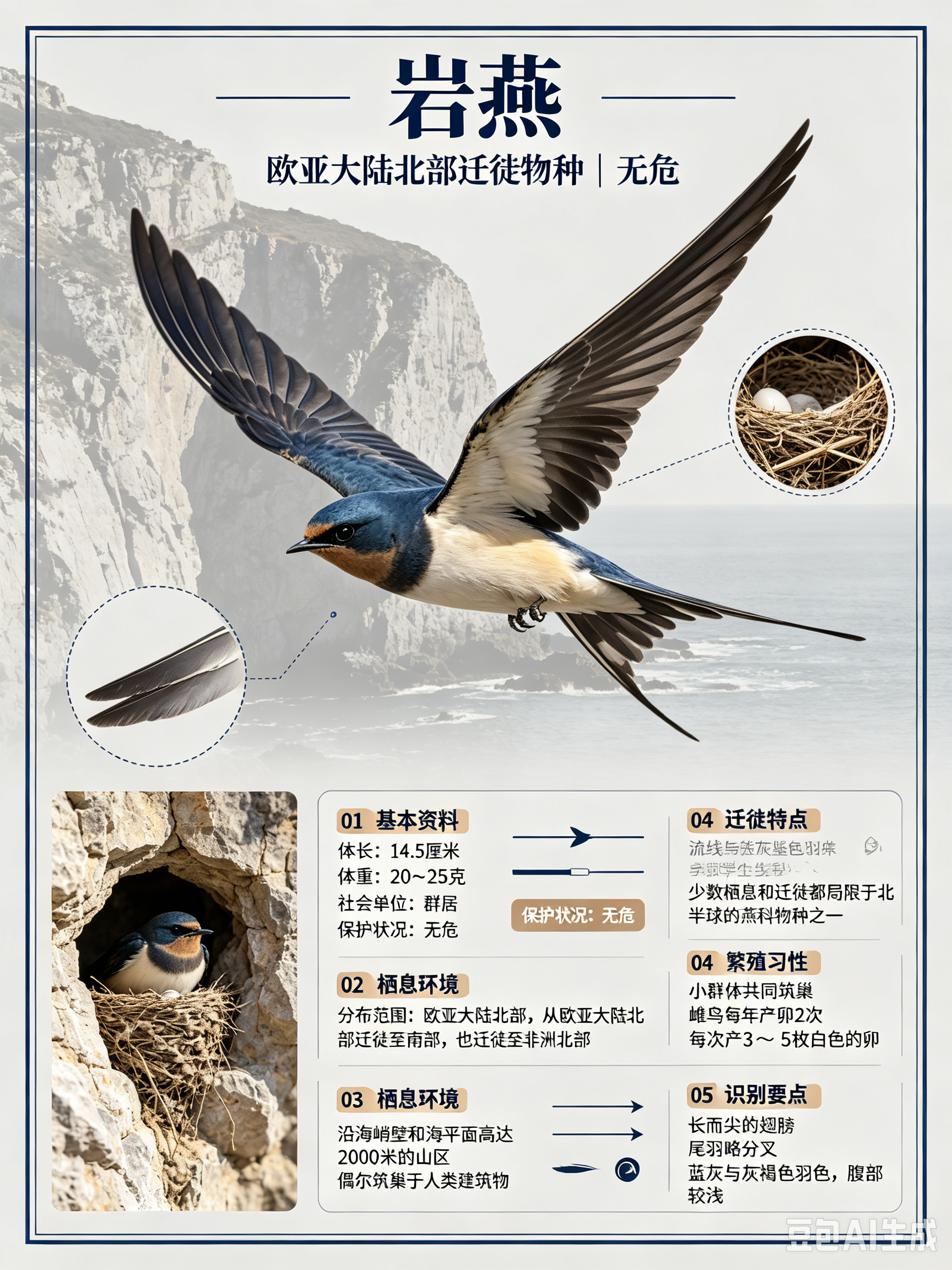 鸟类朋友图鉴 岩燕体长：14.5 厘米体重：20~25 克社会单位：群居保护状况