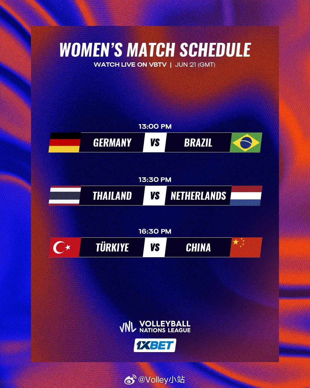 2026年世界女排联赛第二周第五比赛日赛程安排6月21日12：00  🇺🇸 
