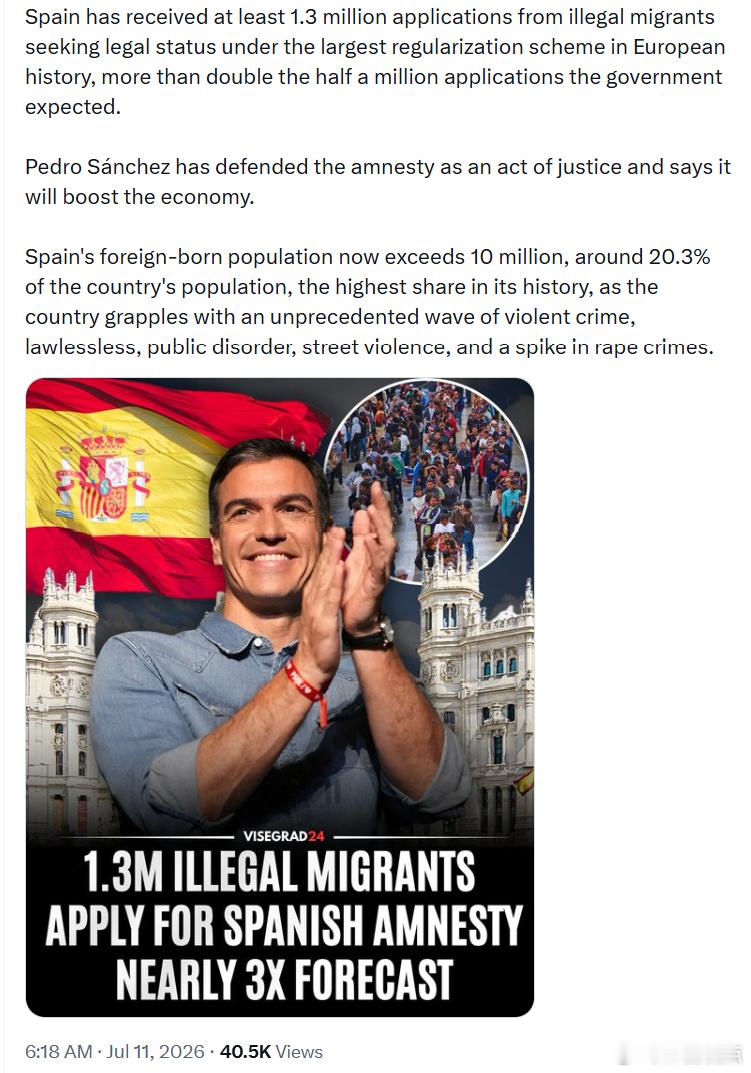 西班牙至少已收到130万份非法移民申请合法身份的申请，这是欧洲历史上规模最大的身