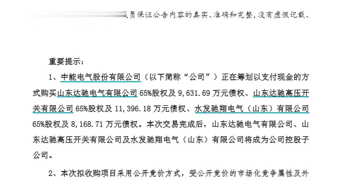 刚扭亏就欲砸8.57亿“蛇吞象”，还需先交1亿保证金！中能电气拟跨省收购三家山东公司