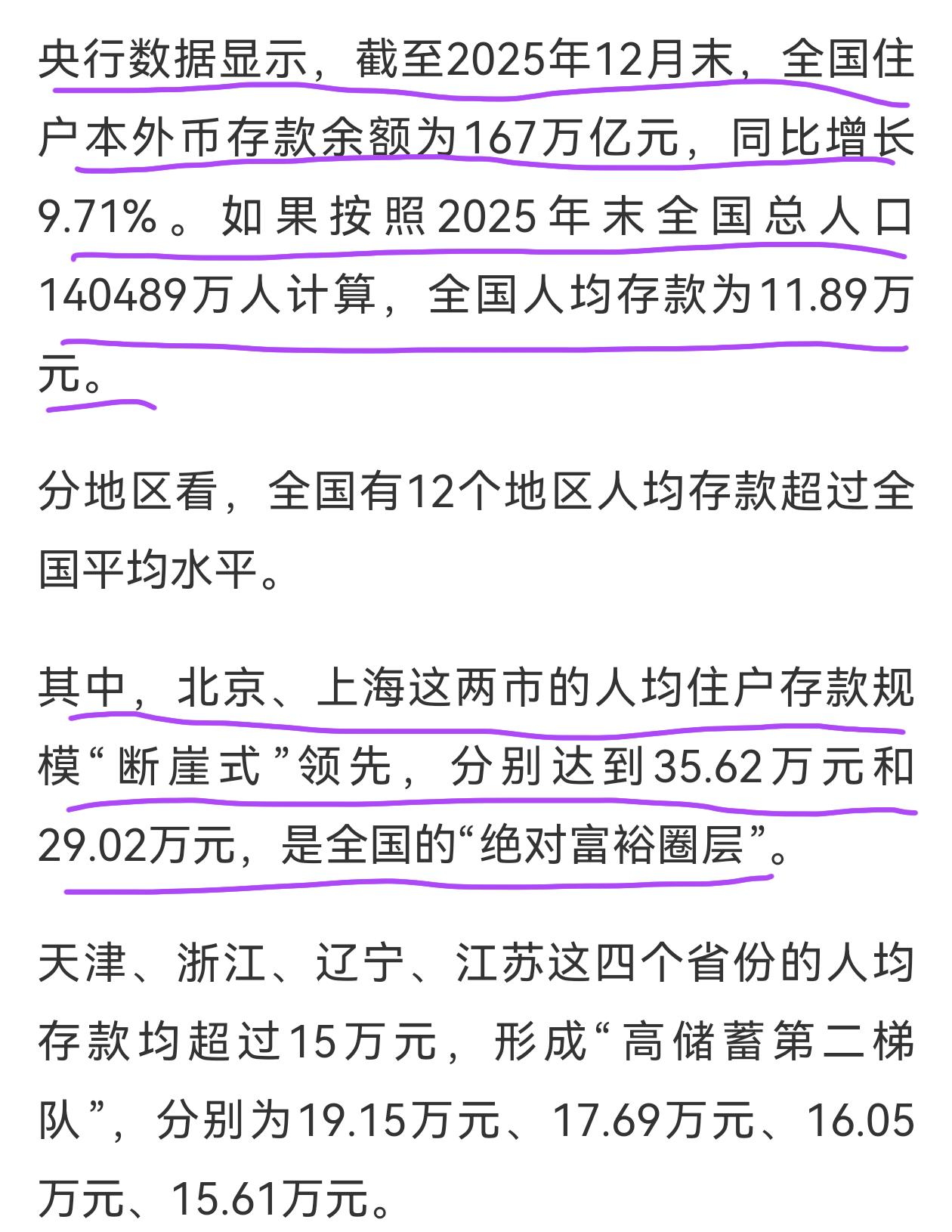2025年12月末，全国住户本外币存款余额167万亿元，同比增长9.7%，全国人