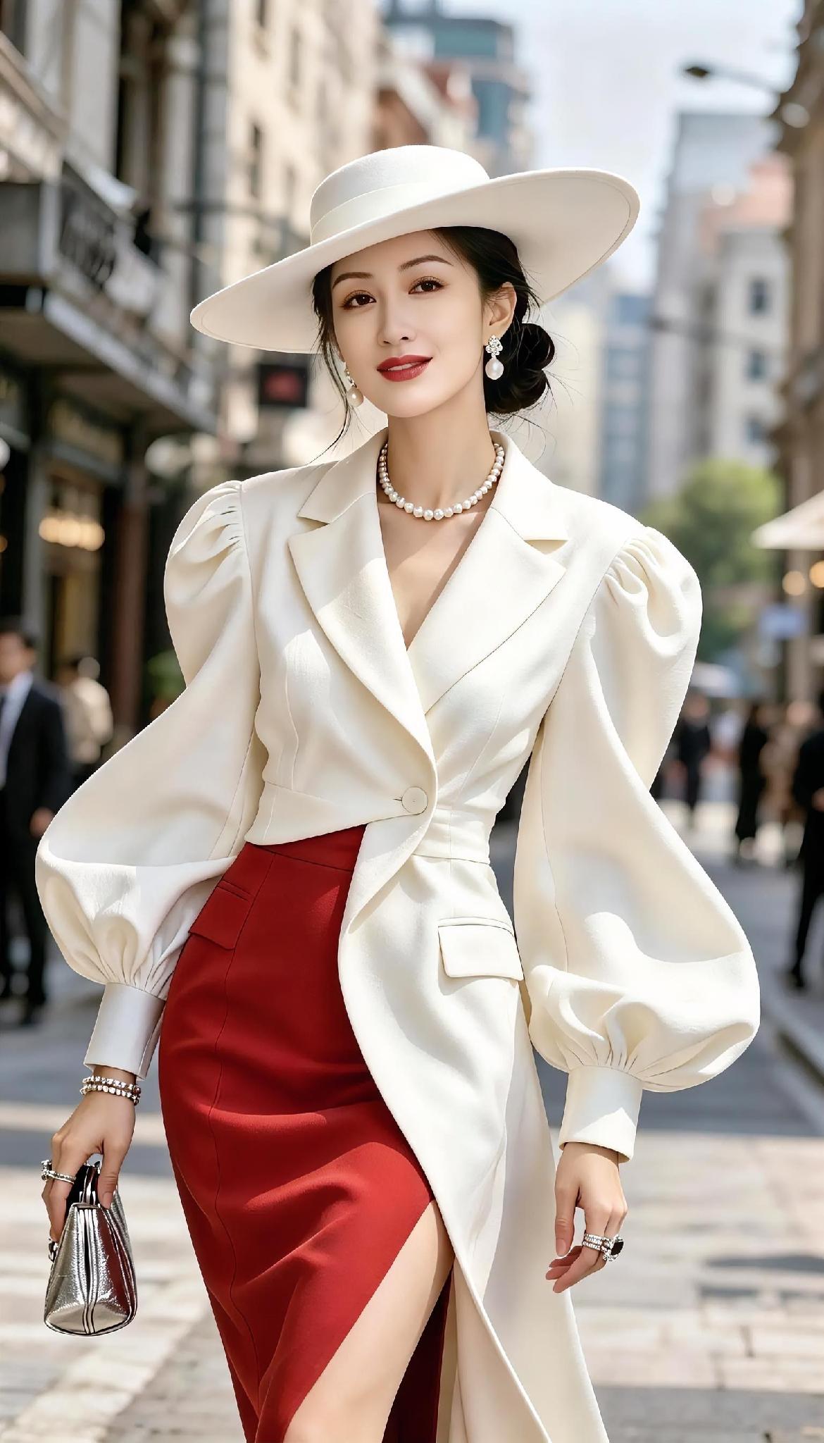 白帽檐兜住晴光，

珍珠在颈间轻轻亮。

红裙裁出街角的风，

白衣袖笼着云样。