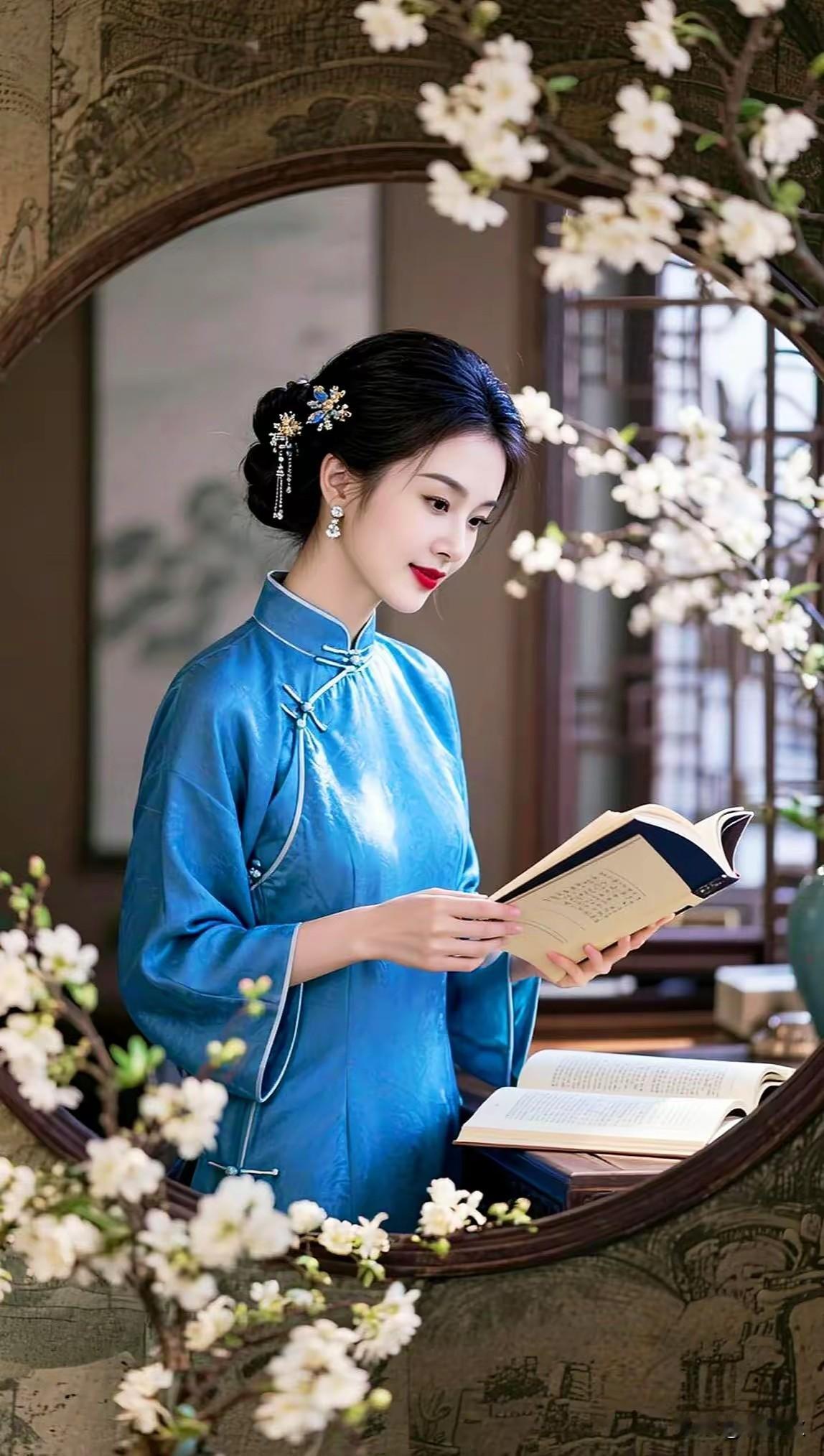 粗缯大布裹生涯，
腹有诗书志气华。
青衫映雪，素手翻书。
花影绕窗，流动风景。