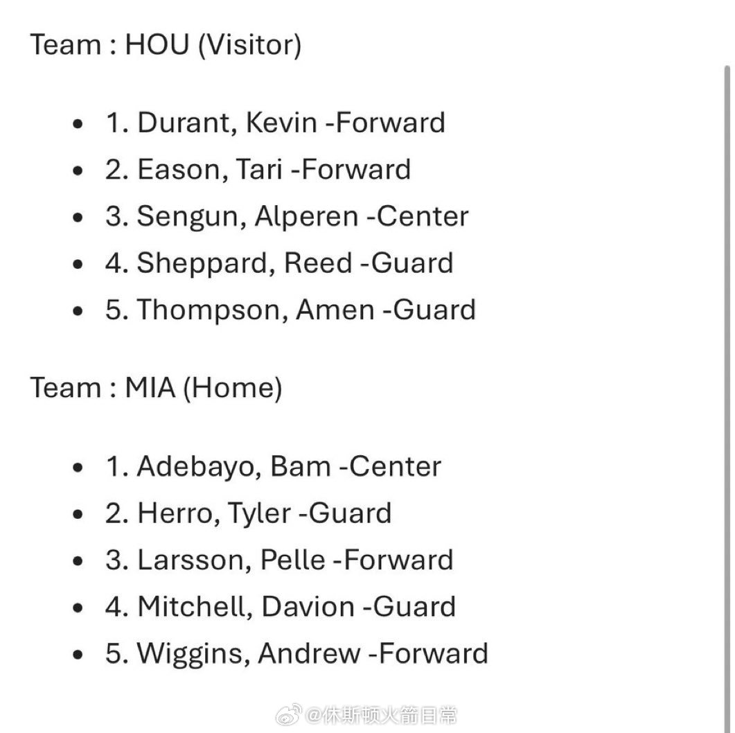 热火首发：米切尔、希罗、维金斯、拉尔松、阿德巴约火箭vs热火休斯顿火箭