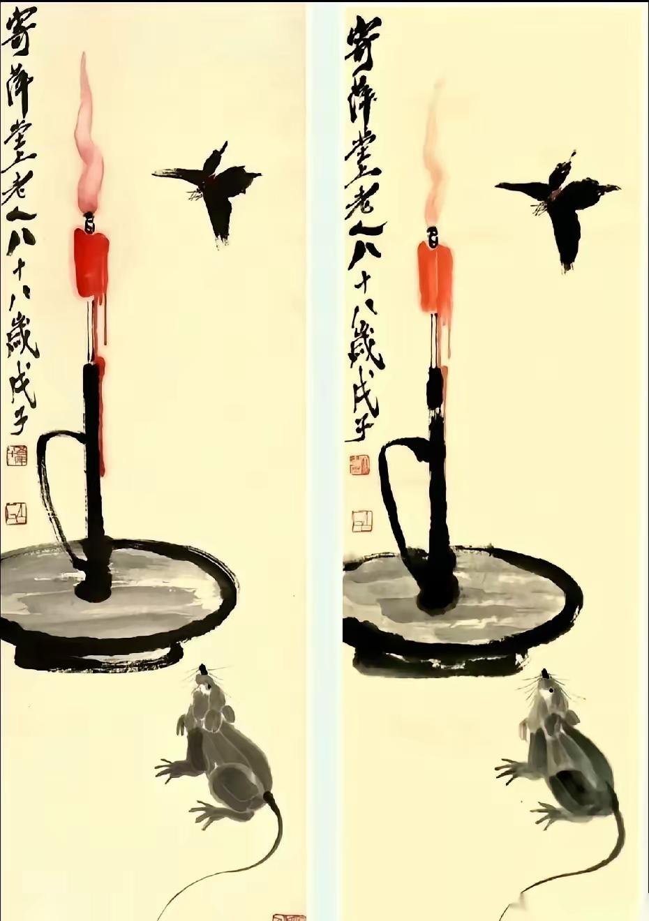 两幅画摆在一起，几乎难辨真伪。
一幅是齐白石真迹，价值千金；
另一幅是高手高仿，