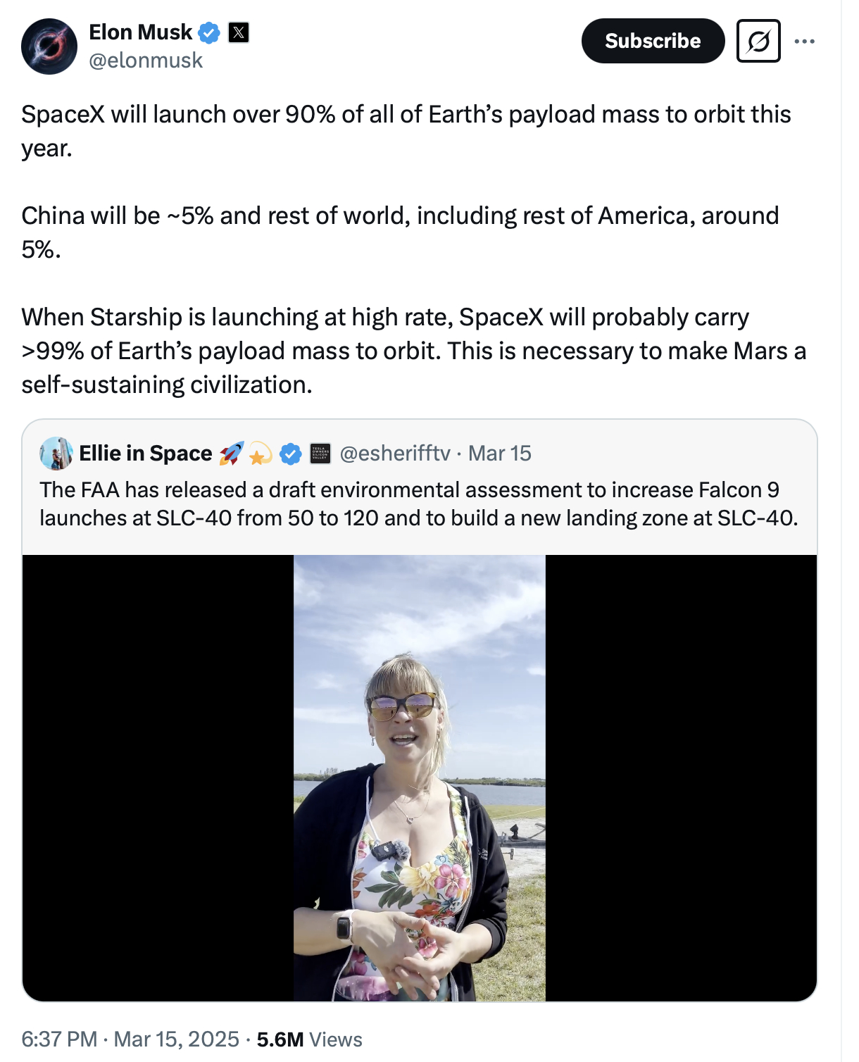 SpaceX今年将承担地球上超过90%的有效载荷质量入轨任务，中国约占5%，其余