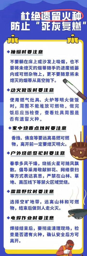 【杜绝遗留火种，防止“死灰复燃”】在日常生产、生活中，请务必做到“人走火灭”，防