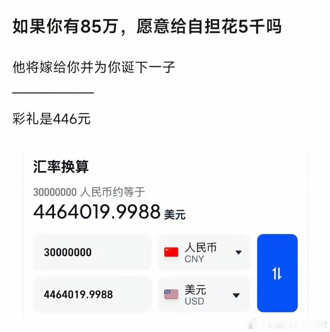 说的好像他若仅有85万，你就只要5446就能嫁给他并产子一样。。 ​​​