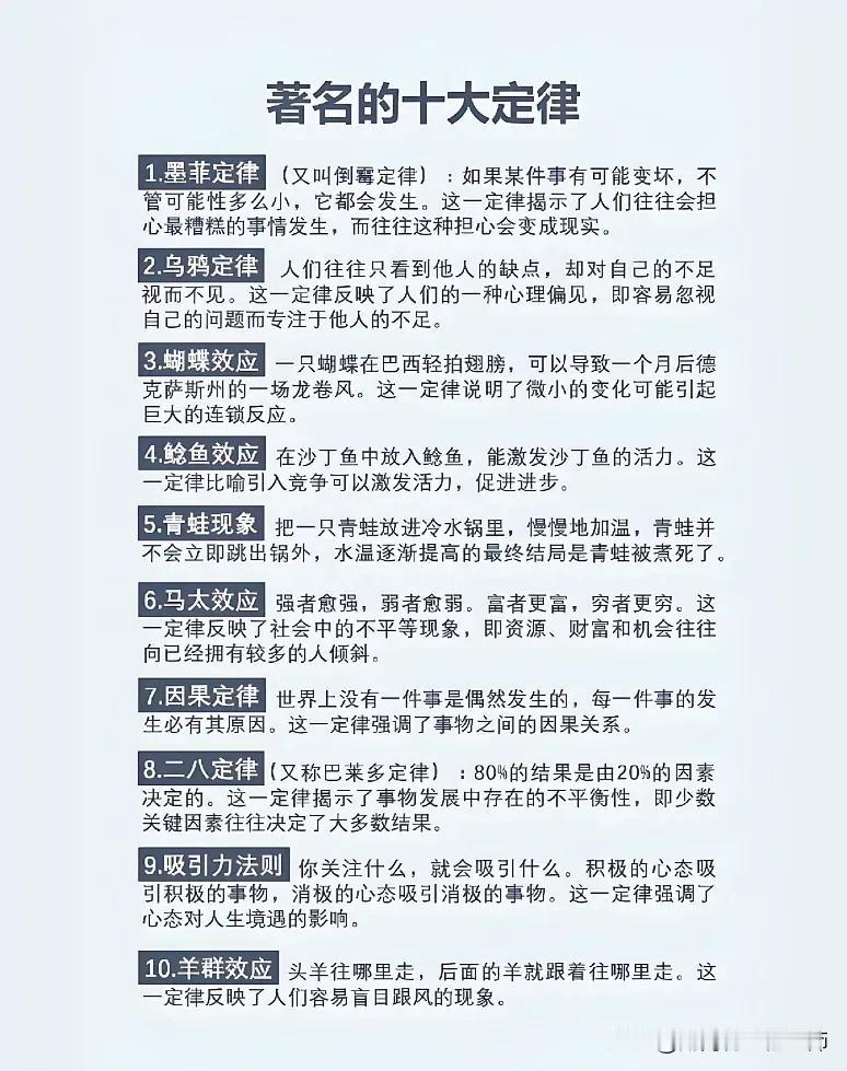 著名的十大定律涵盖了多个领域中广为人知且具有重要意义的定律，从心理学（如墨菲定律