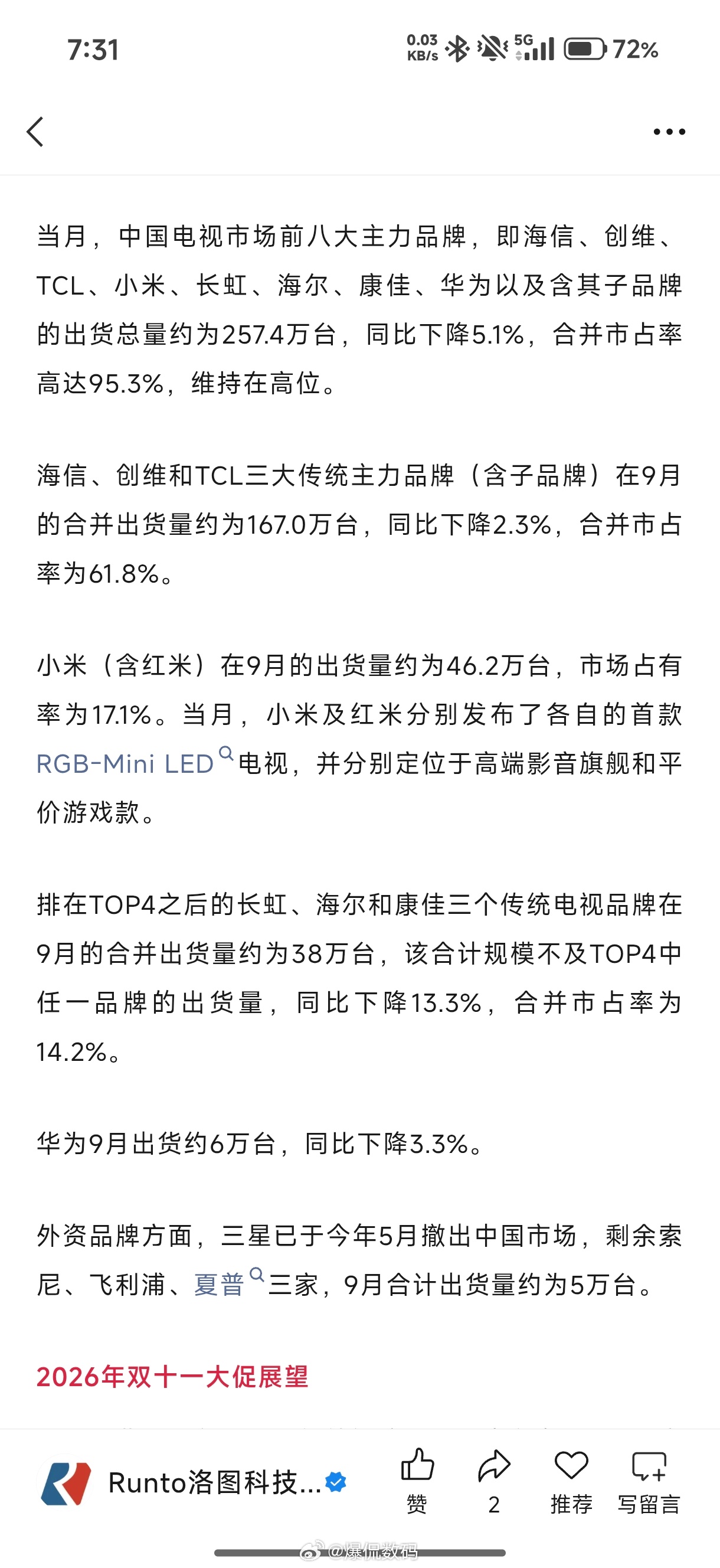 创维电视今年确实猛，之前在国内的销量，一直都是第四位今年已经连续好几个月排名第二