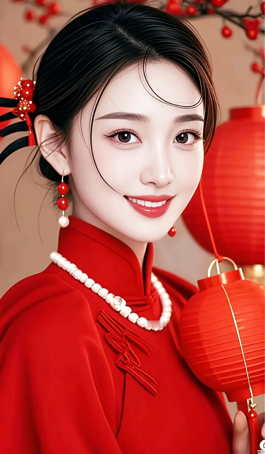 新年红妆，笑靥如花，红灯笼映照幸福时光。