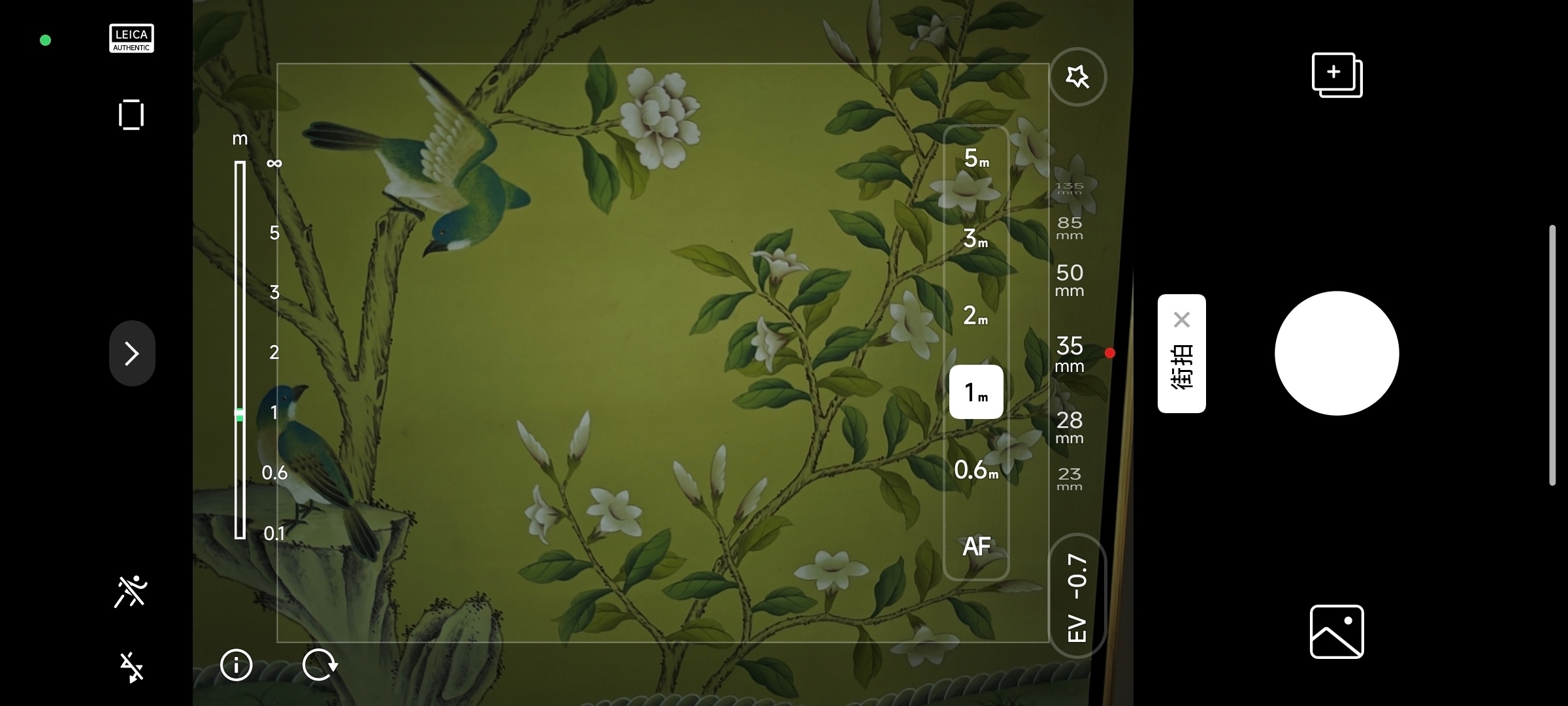 小米手机这个街拍模式很接近leica的使用习惯，可以选择镜头焦段和焦点距离，左侧