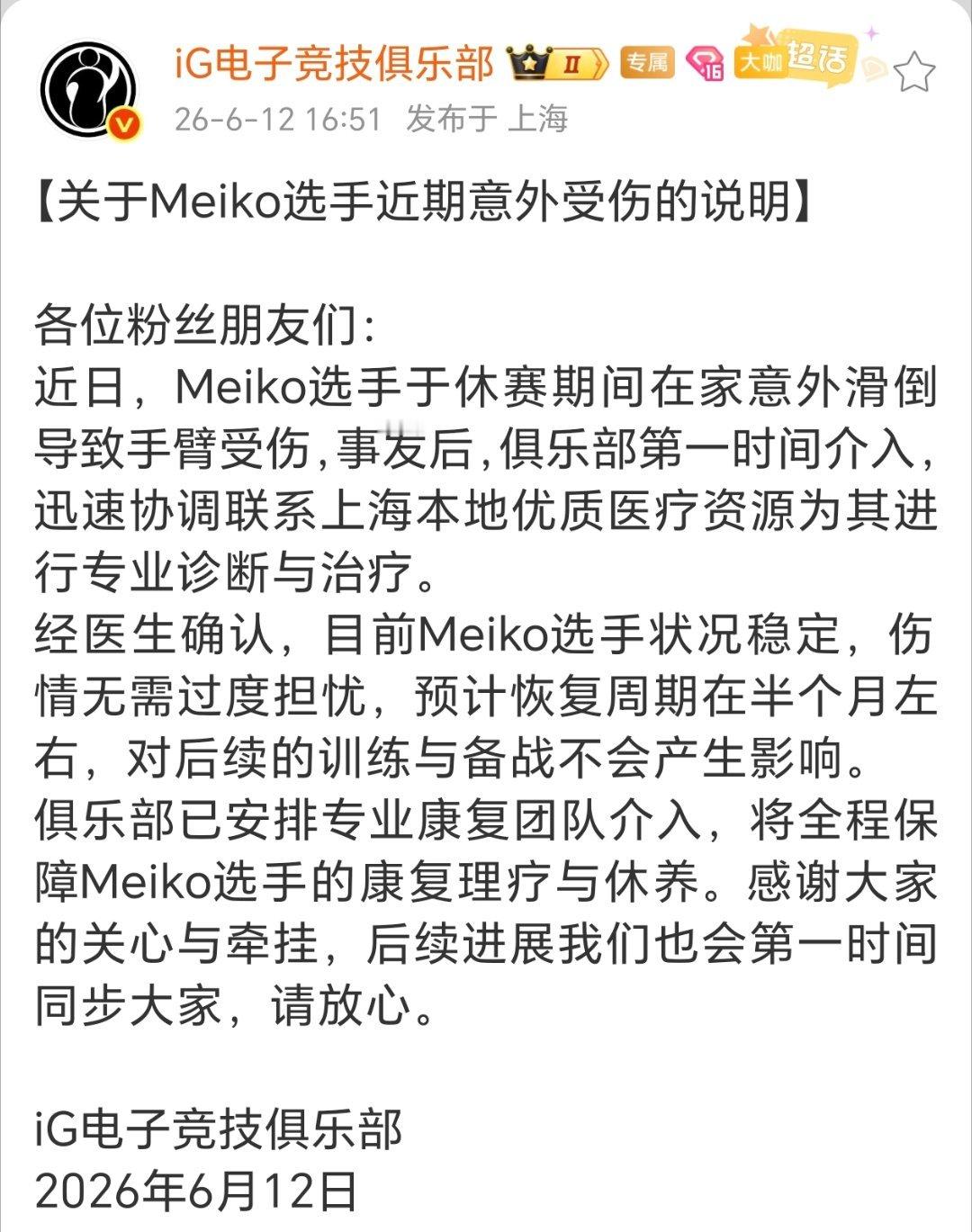 英雄联盟IG发布Meiko意外受伤的说明 近日，Meiko选手于休赛期间在家意外
