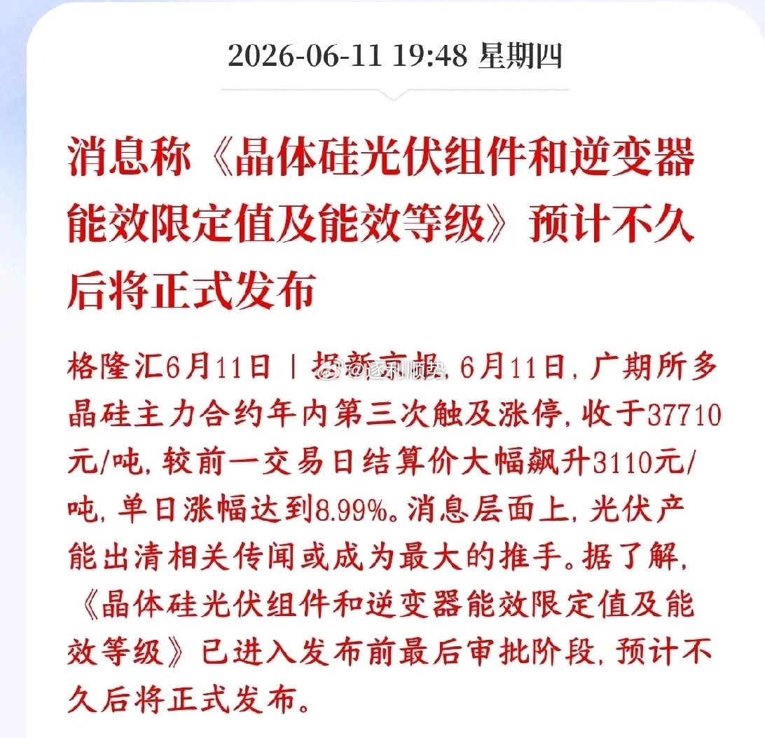 光伏板块要来重大利好，多晶硅期货已经先一步涨停多晶硅期货今天大涨、接近涨停，原因