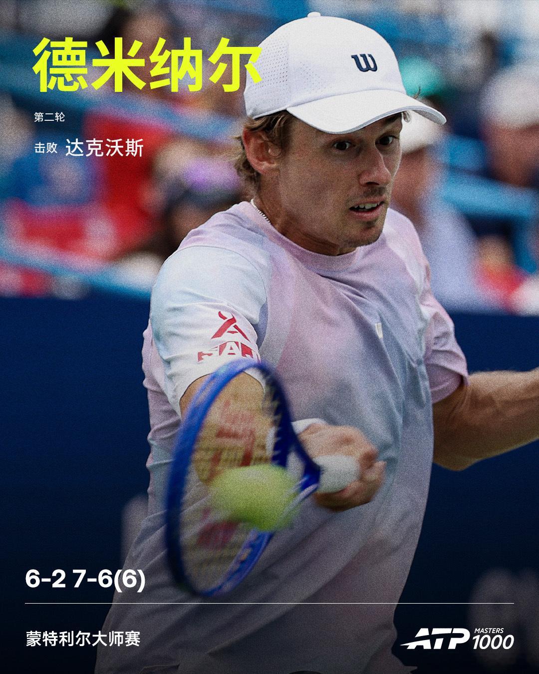 德米纳尔首秀过关ATP1000 蒙特利尔大师赛男单第二轮，3号种子德米纳尔直落两