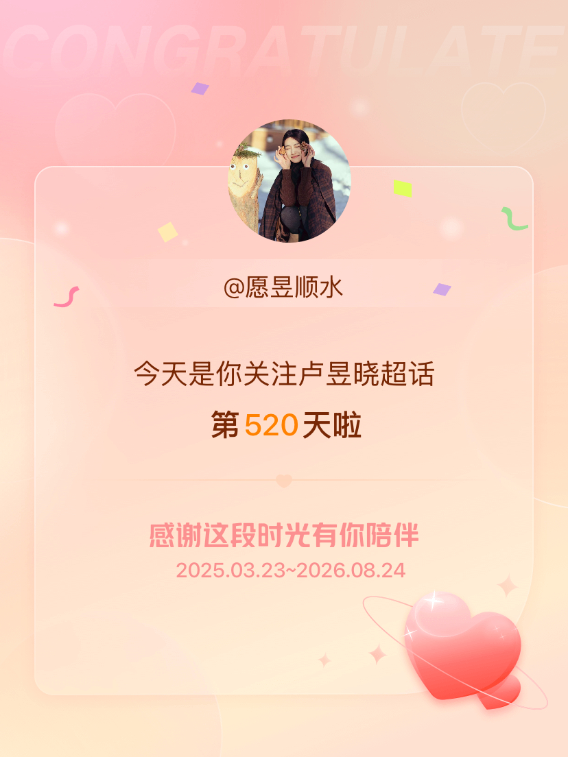 卢昱晓今天是我关注超话的第520天，希望能继续伴你一路前行～ 
