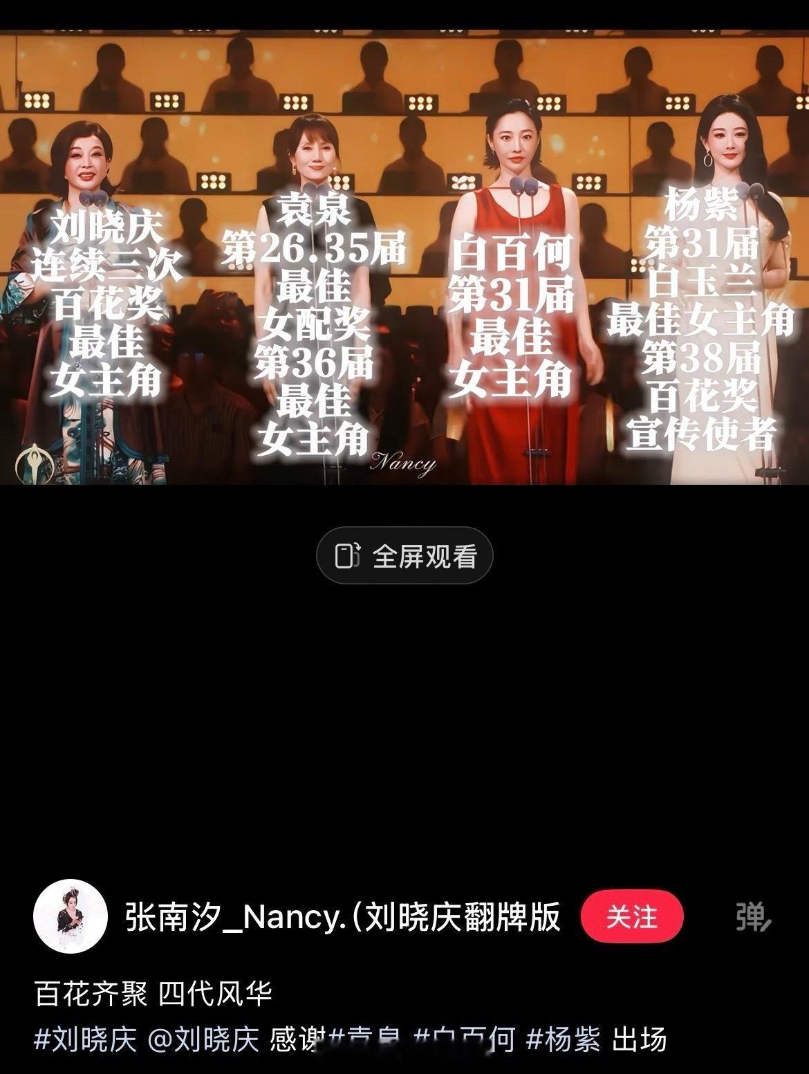 刘晓庆前辈粉丝做的，百花奖颁奖的四位女演员成绩图，特别美好的画面刘晓庆、袁泉、白