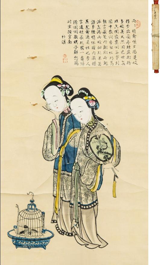 #中国民间年画史# 双美图清代 姑苏版纸本立轴50×28cm估价：JPY 50,