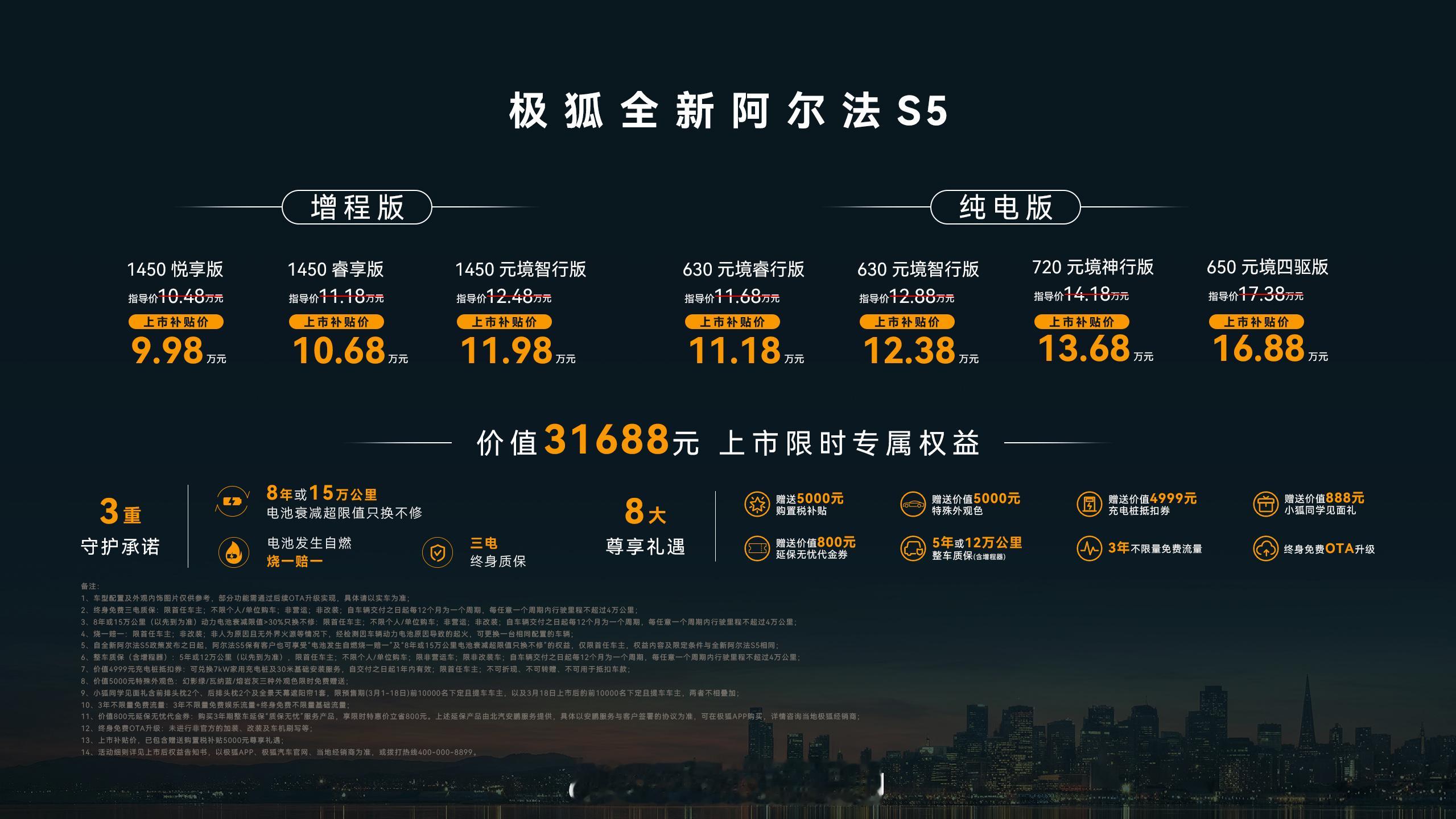 极狐全新阿尔法S5上市，包括纯电、增程共7款车型，补贴后售价9.98万元起。 