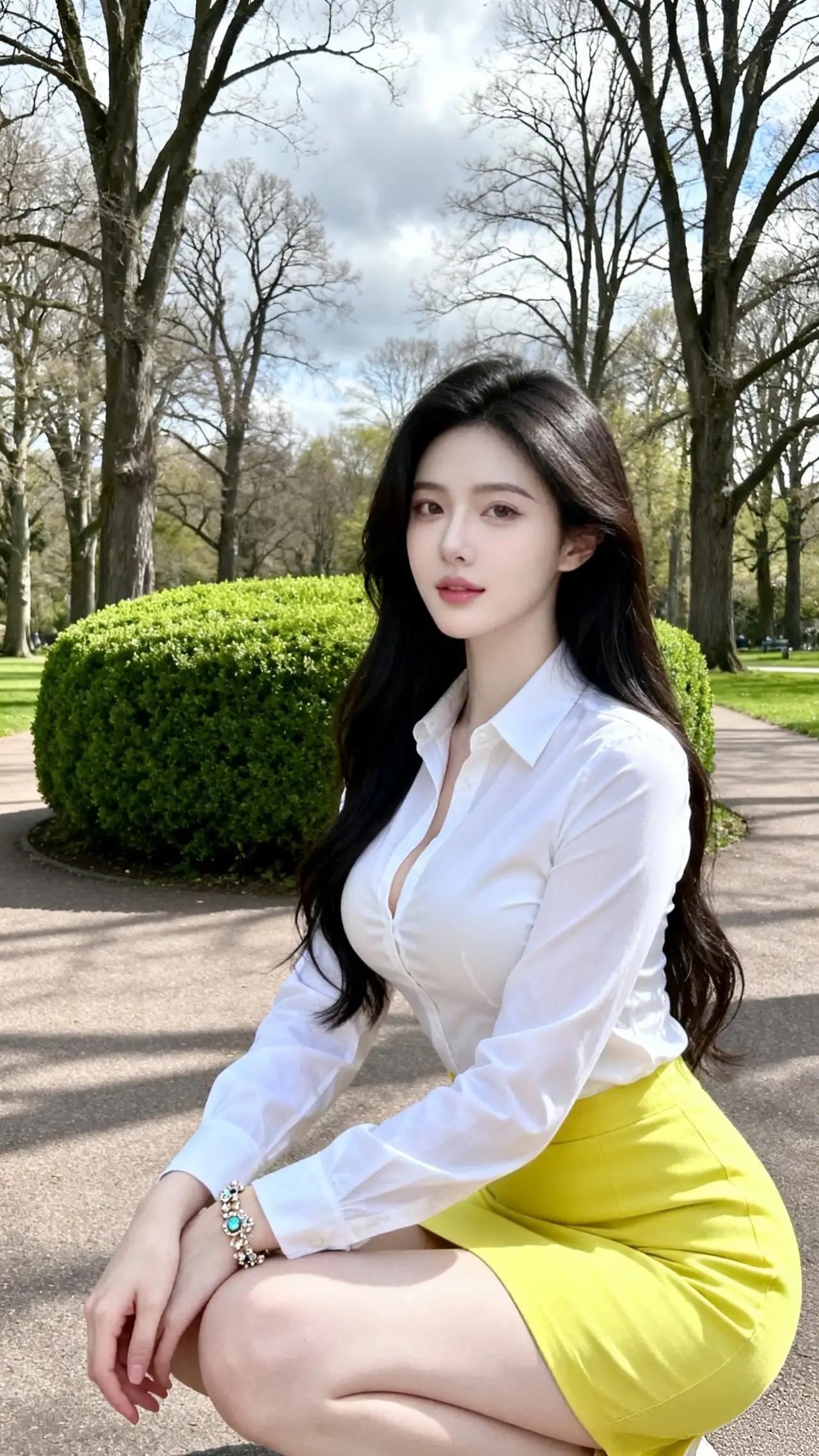 分享美女穿搭服饰白衬衫黄色短裙高跟鞋