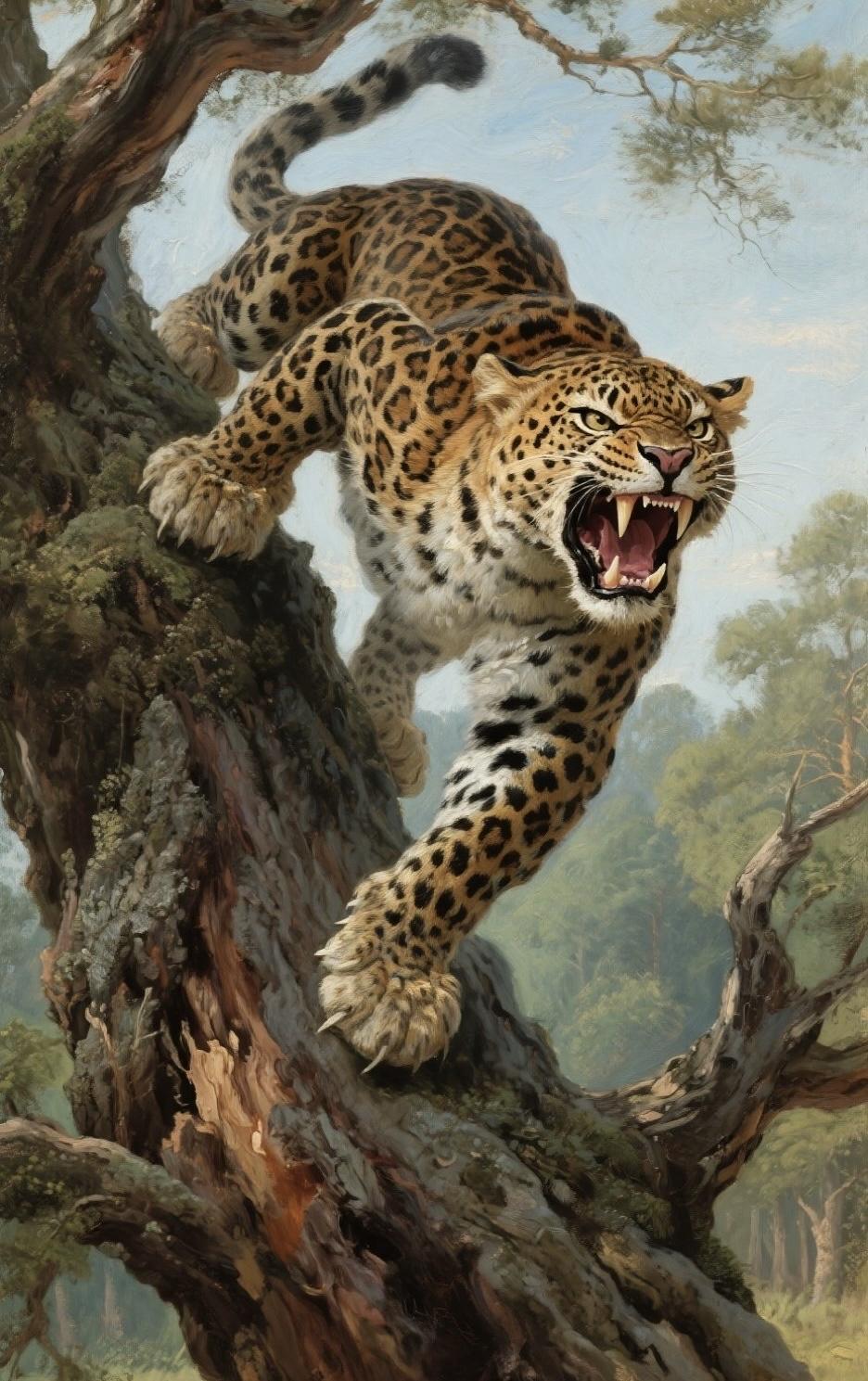 精美壁纸（707）🌈
📝这幅写实油画里，一只豹子怒目圆睁，眼神凶狠暴戾，面部