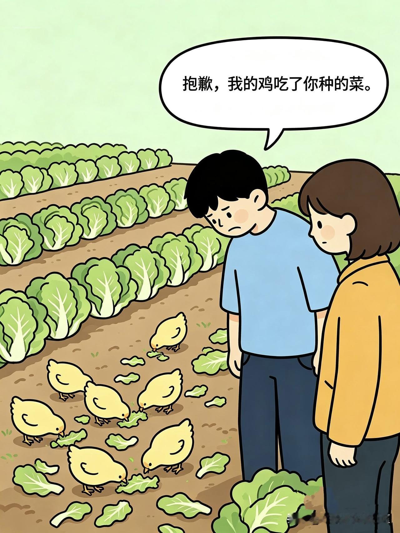 发现
甲：“抱歉，我的鸡吃了你种的菜。”
乙：“没事，我的狗已经把你的鸡吃了。”