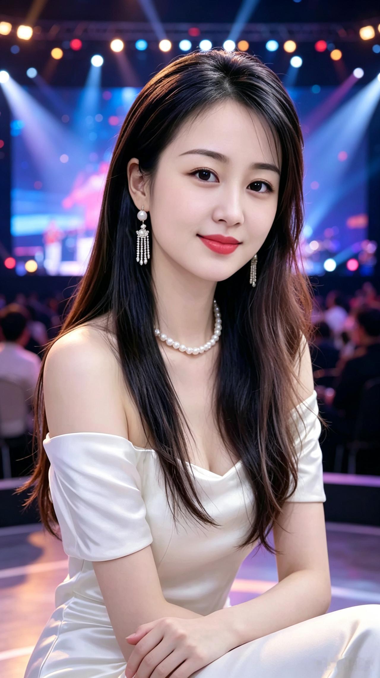 这张照片真不错
原脸未改换衣着
白裙珍珠身上着
舞台背景显气魄
模样依旧如往昔