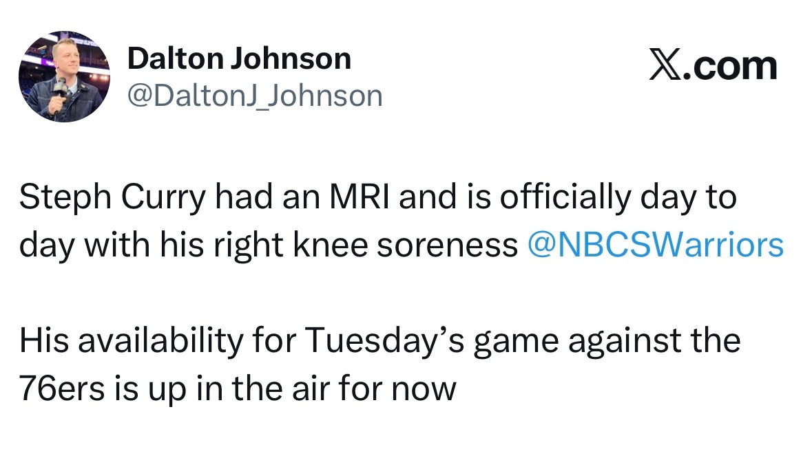 斯蒂芬-库里已接受核磁共振检查，确诊为右膝酸痛，官方将其伤情列为每日观察状态。赛