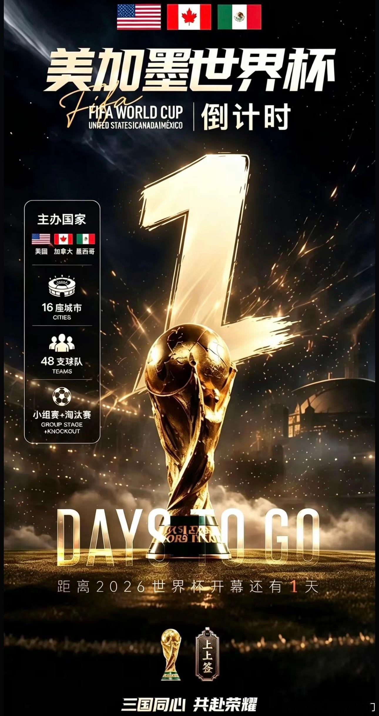 美加墨世界杯倒计时最后一天！明天就可以看到我们等待四年的世界杯，风里雨里都没有阻