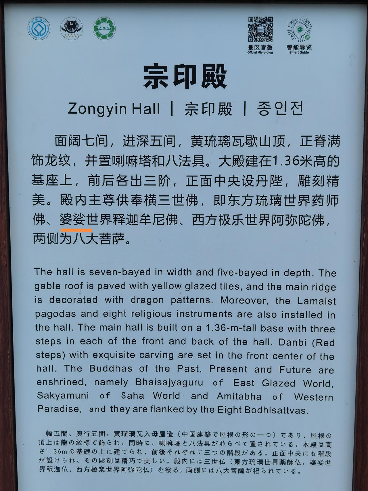 承德普乐寺的宗印殿简介是不是有错误啊？

照片中黄线标注的“婆娑”，是不是应该为