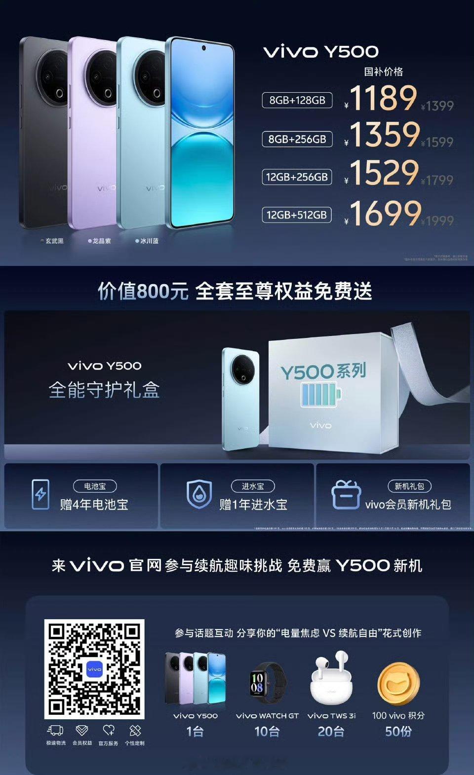 vivo Y500依旧给力的价格，国补前1399起，算上国补1189就拿下，还有