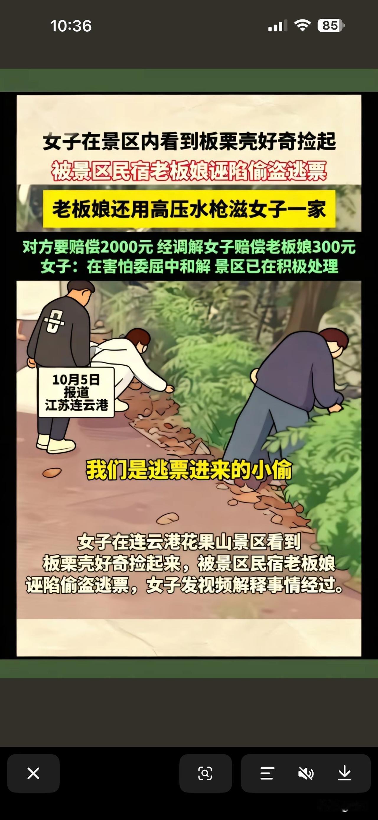 小编近期发现，女子在景区内发现板栗壳而好奇捡起，被民宿老板娘诬陷逃票，老板娘还用