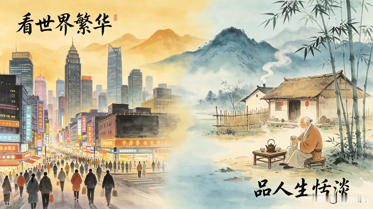 上联：看世界繁华
下联：品人生恬淡