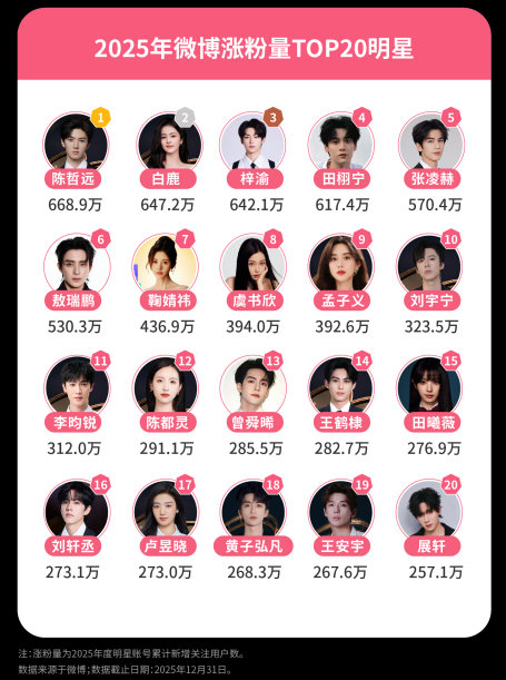 陈哲远2025微博涨粉量TOP12025微博涨粉量TOP10明星 2025微博娱